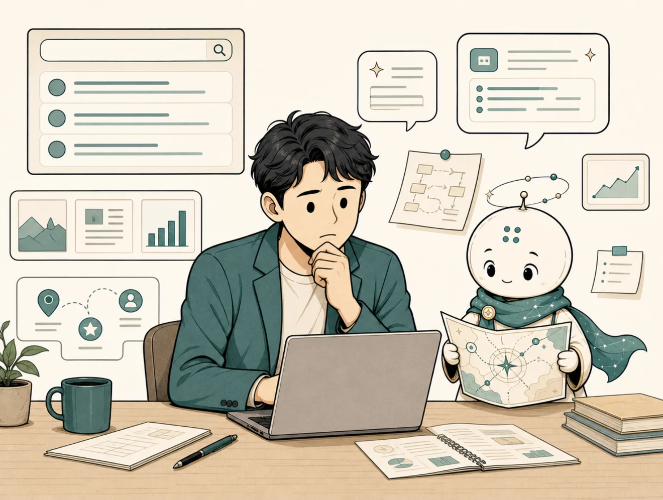 Comic panel showing a business owner unsure where to begin with Google Search, AI answers, and marketing notes.