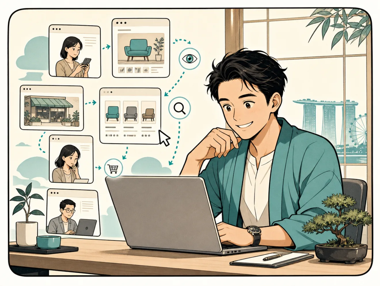 Friendly comic scene of a business owner at a laptop while customers browse and compare search results.