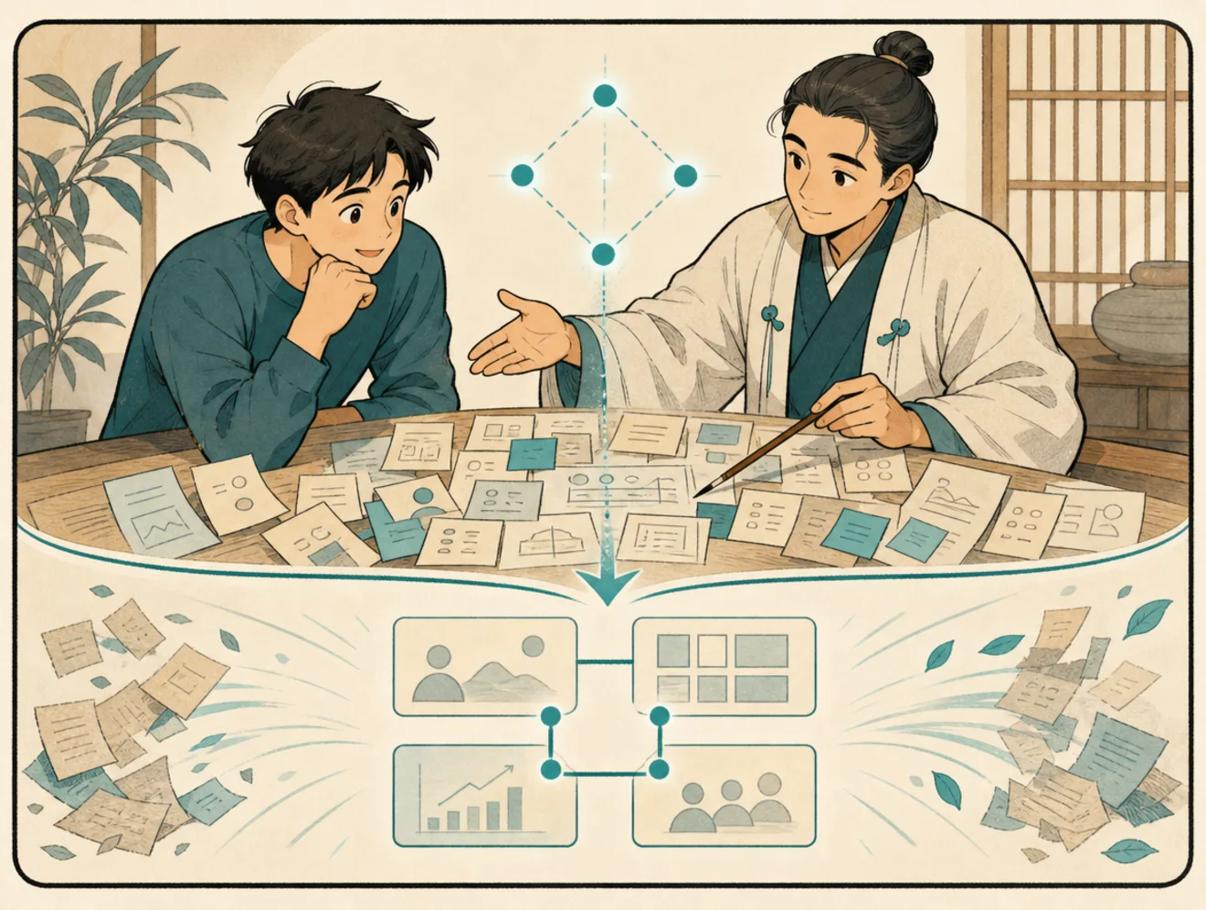 Friendly comic scene of a calm Horatos guide organizing scattered business notes into a clean map.