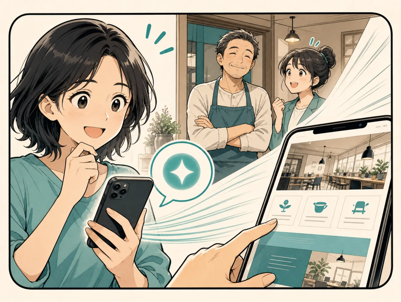 Friendly comic scene of a happy customer choosing a clear business while the owner and marketer feel relieved.