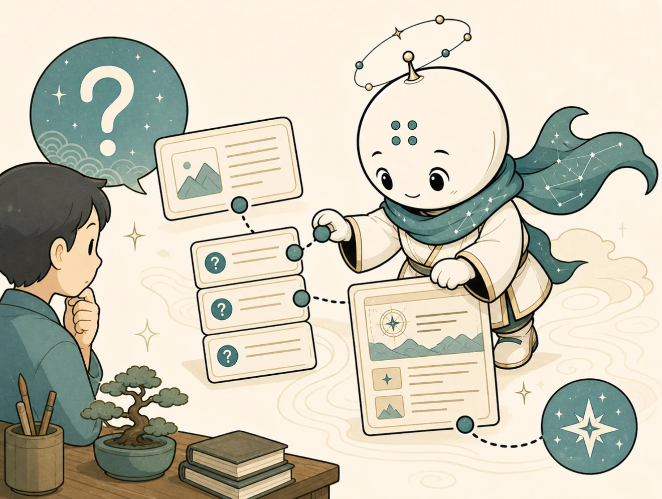 Comic panel showing a marketer and Horo organizing helpful content cards into a clear customer path.